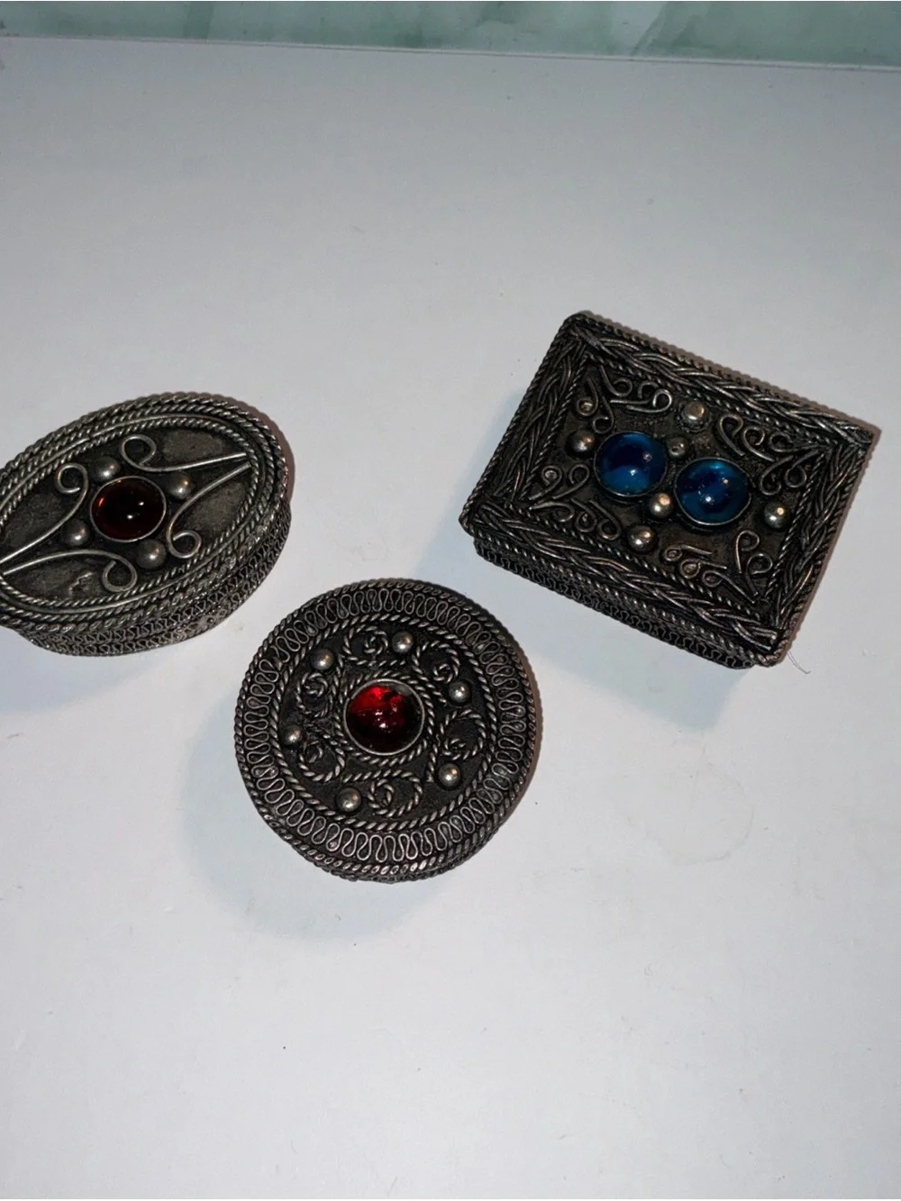 3 vintage metal trinket pill boxes circle oval rectangle orange blue red stones